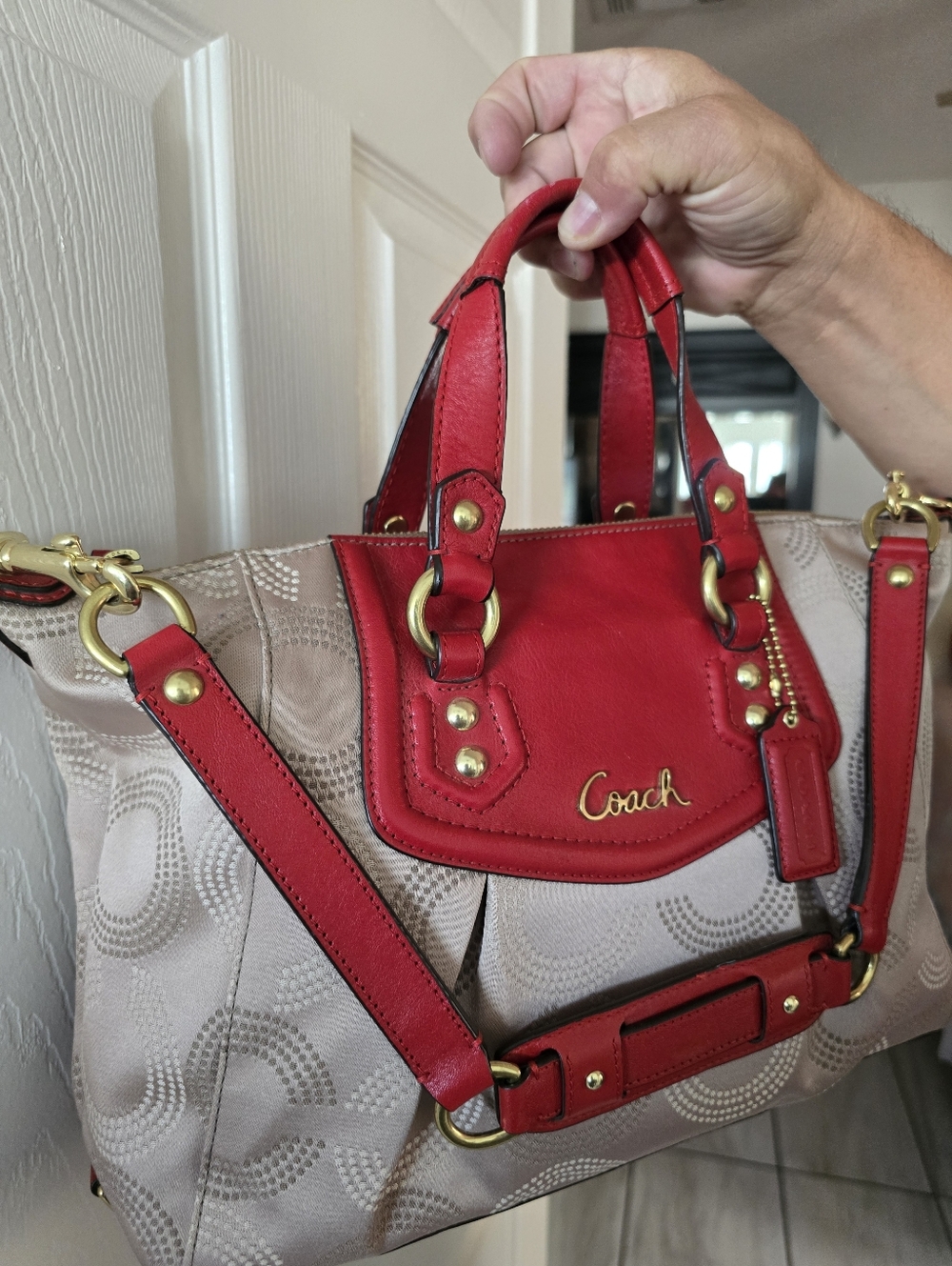 Coach Ashley Dotted Op Art Beige Red Carryall Satchel #F20027 - Picture 2 of 16